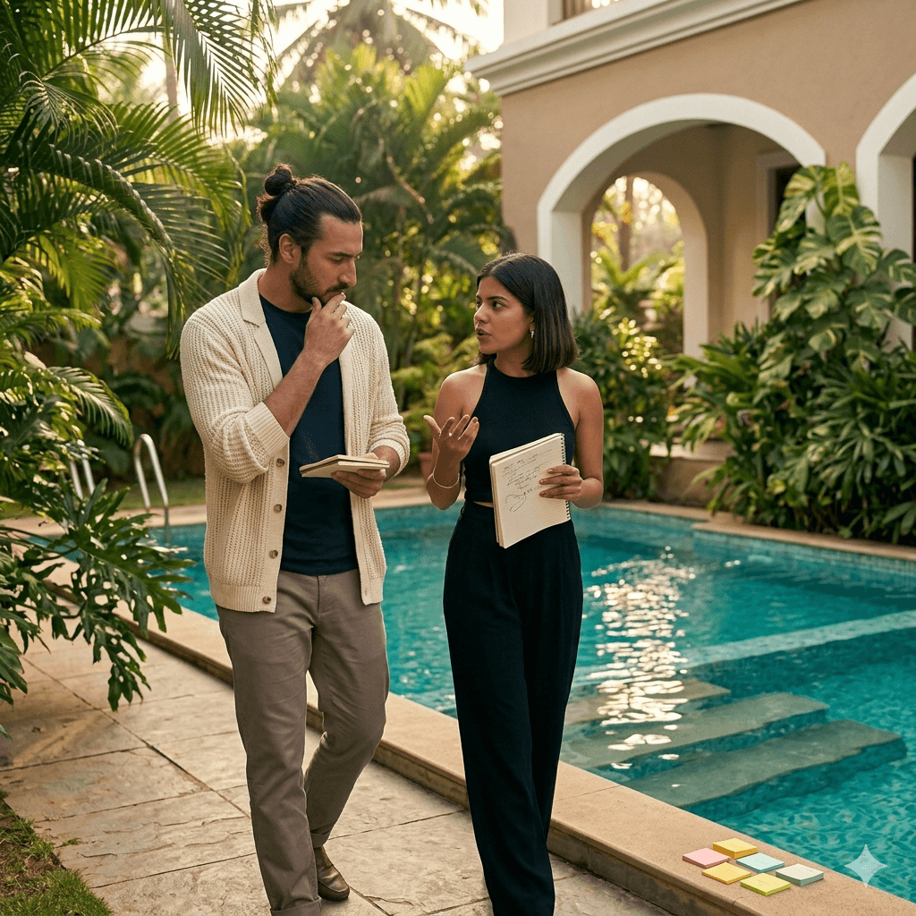 Two founders walking and talking with notebooks beside the pool at golden hour