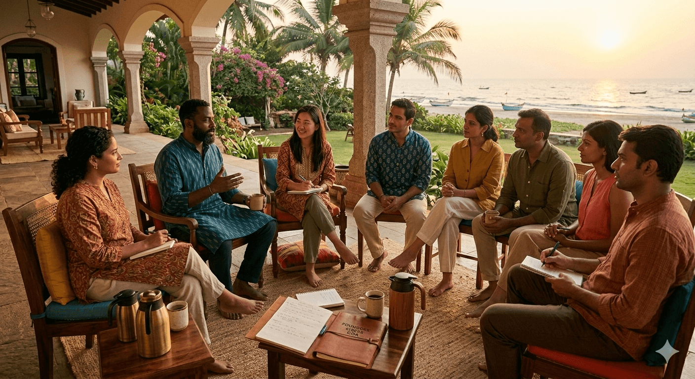 Founders sitting in a circle on a beachfront veranda at sunset