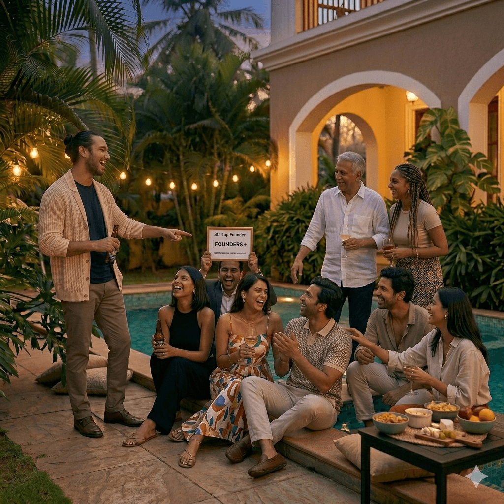 Evening gathering by the pool with string lights and drinks